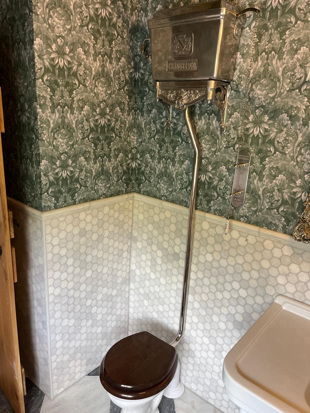 Polished nickel high-level cistern WC with mahogany seat and marble mosaic dado