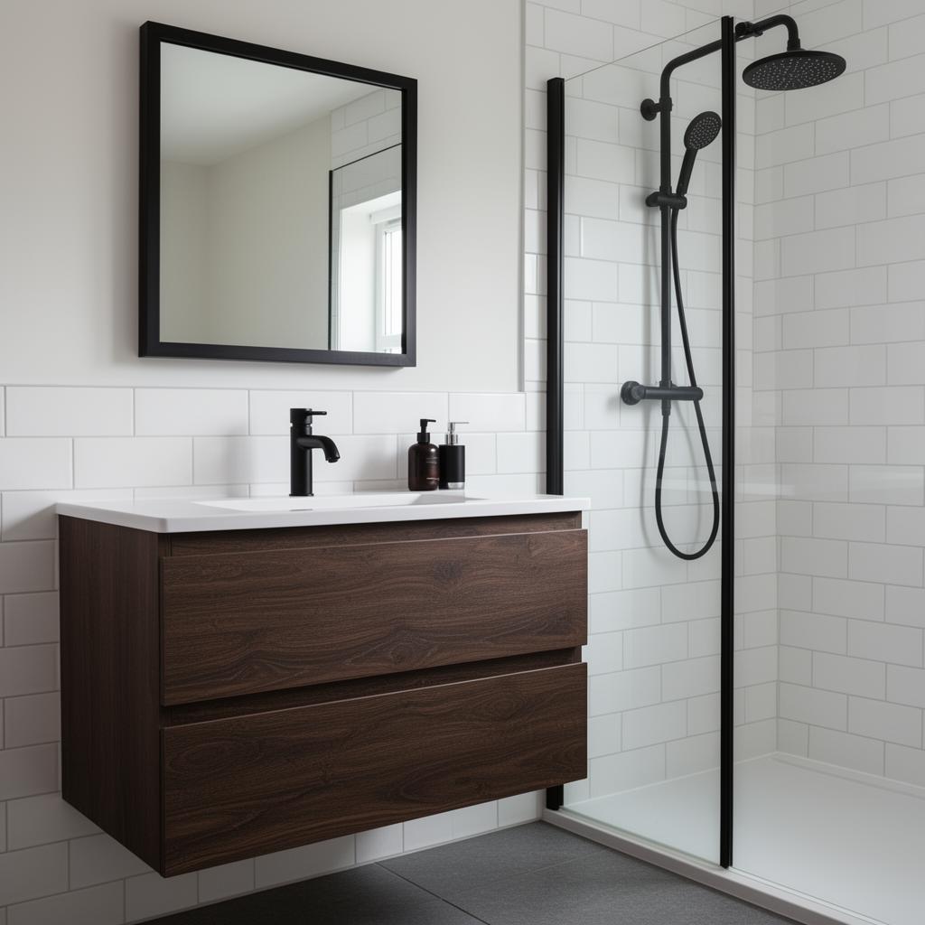 Walnut vanity with black fixtures in Poole